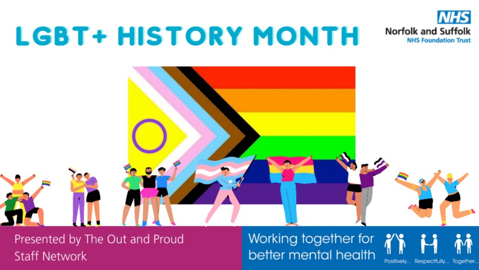 A graphic showing the LGBT+ pride flag and animated characters with versions of the flag